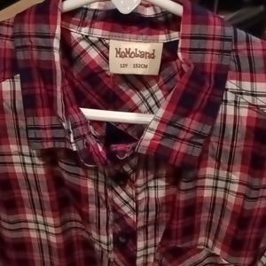 FINAL PRICE NWT MoMoLand red black & white plaid s/s blouse w tie-up hem 12